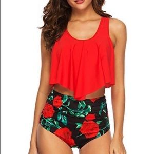 🦋 3/$15 Rose Print Two-Piece Retro Highwaist Bikini